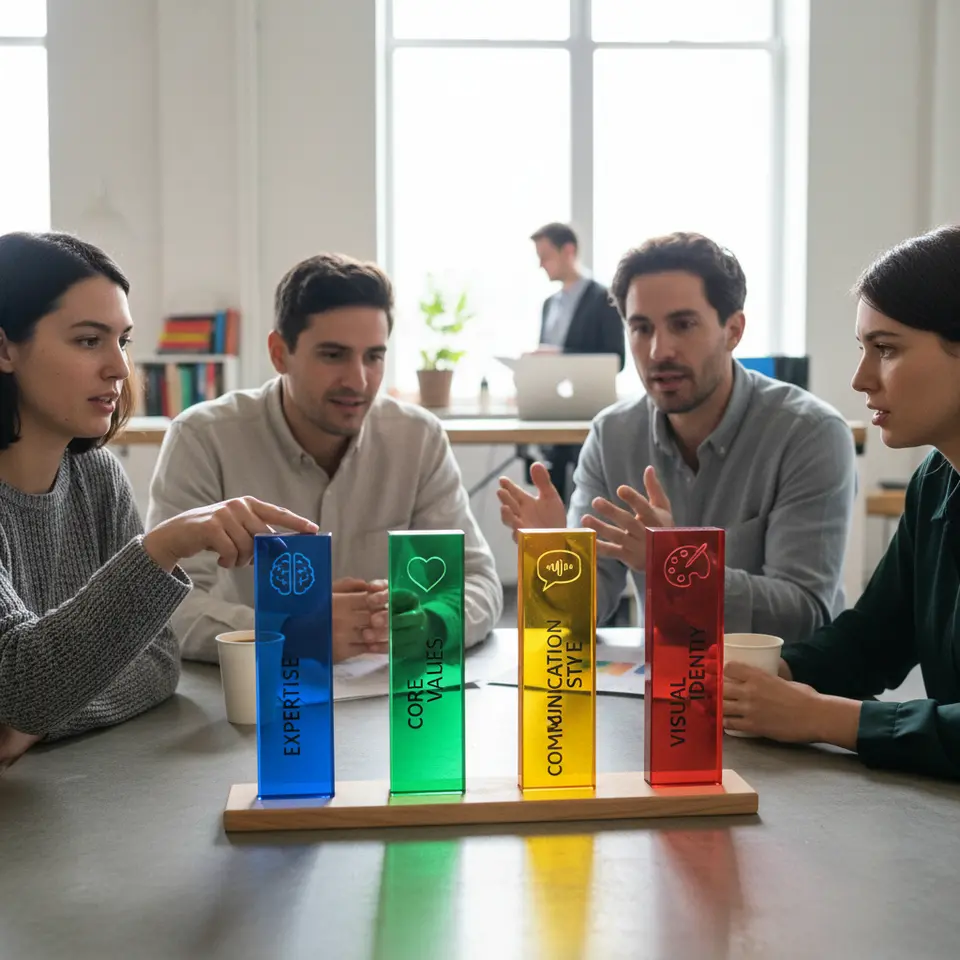 Core Components of Your Professional Persona: an illustrative diagram of four sturdy pillars—Expertise, Core Values, Communication Style, Visual Identity—each pillar in a distinct color with icons (e.g., a brain for expertise, a heart for values, a speech bubble for communication, a palette for visual identity), arranged on a unified platform to convey balance and cohesion.