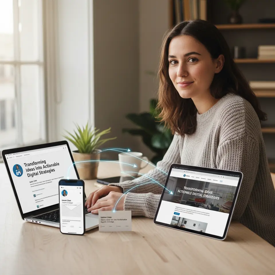 Integrating Your UVP Across Touchpoints: a scene showing a laptop screen displaying a LinkedIn profile with a UVP headline, a smartphone with an email signature, a business card, and a website homepage all featuring the same concise UVP statement, connected by subtle lines or arrows to highlight brand consistency across digital and print channels.