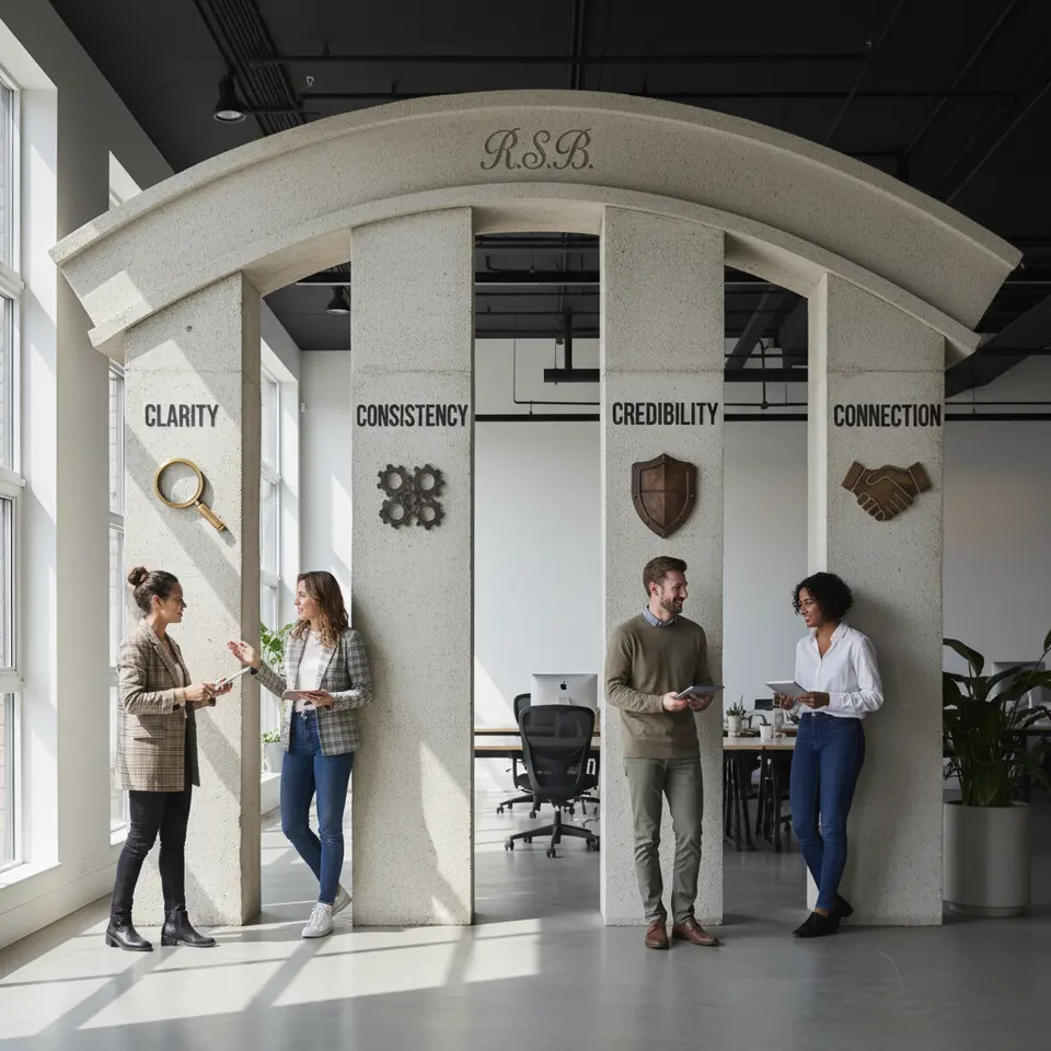 A stylized architectural scene featuring four pillars labeled &ldquo;Clarity,&rdquo; &ldquo;Consistency,&rdquo; &ldquo;Credibility,&rdquo; and &ldquo;Connection,&rdquo; each pillar highlighted with its own icon (e.g., a magnifying glass for clarity, a repeating pattern for consistency, a shield for credibility, a handshake for connection) supporting an overarching arch branded with a person’s initials.