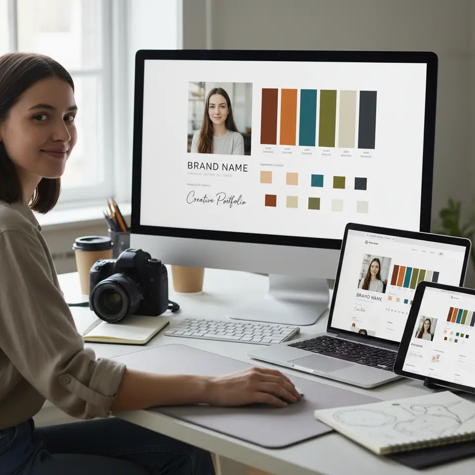 A digital brand toolkit layout showing a professional headshot next to coordinated color swatches and font samples, alongside a laptop screen previewing a personal website homepage and social media banners—demonstrating a cohesive visual identity across web and mobile platforms.