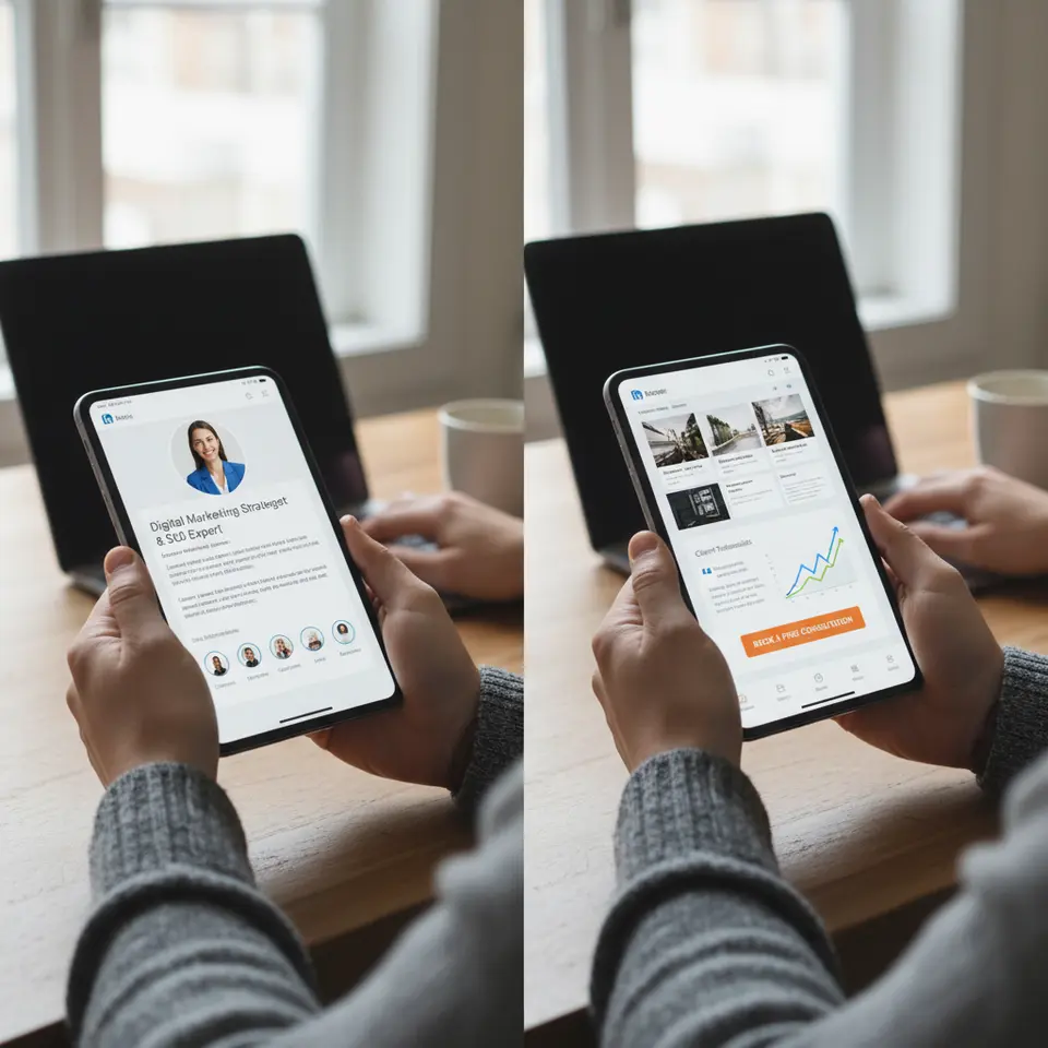 A split-screen illustration for “Building and Optimizing Your Online Presence”: on one side, a polished LinkedIn profile with a professional headshot, headline, summary text, and endorsement icons; on the other side, a personal website wireframe showing a blog section, client testimonials, Google Analytics graphs, and a clear call-to-action button.