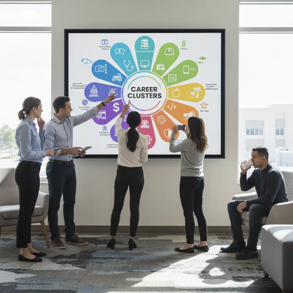Vibrant infographic of the 16 Career Clusters: a central hub labeled 'Career Clusters' with sixteen radiating, color-coded segments, each featuring a distinctive icon (e.g., stethoscope for Health Science, computer for Information Technology, tractor for Agriculture) and small pathway sub-icons showing related occupations
