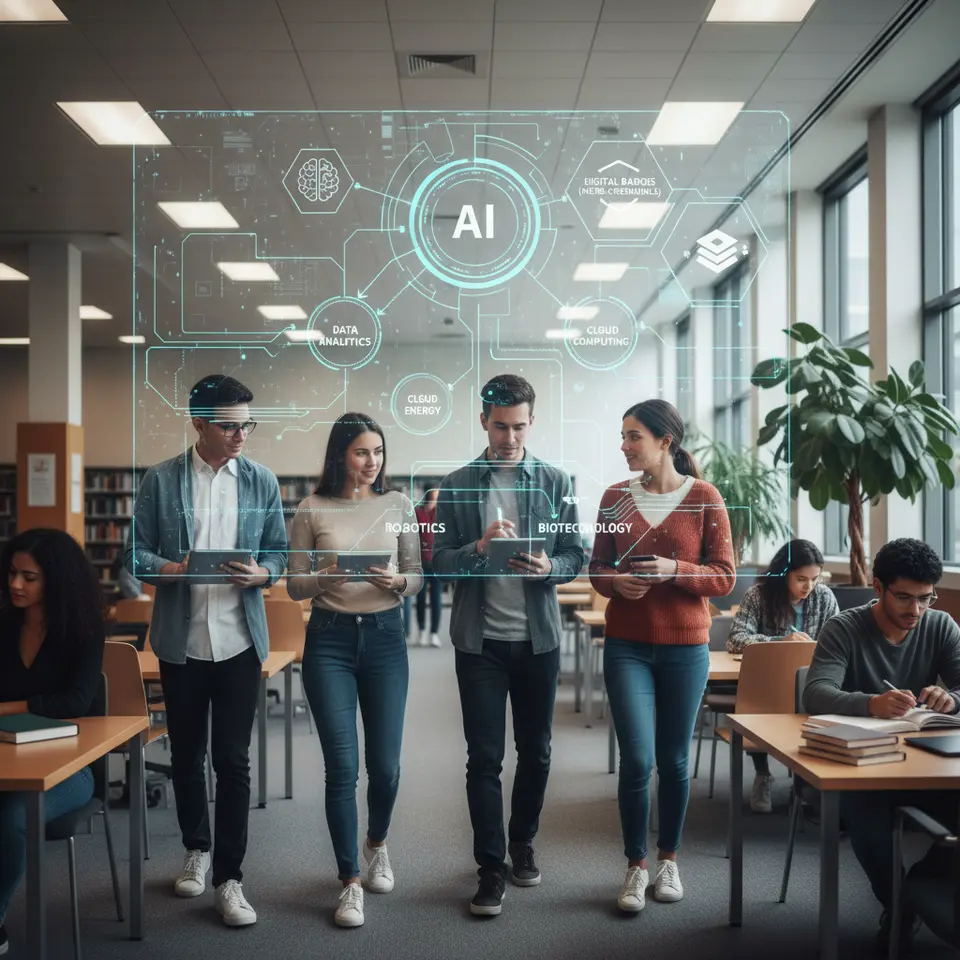 Futuristic roadmap illustrating the framework’s evolution: arrows connecting emerging specialties like data analytics, robotics, cloud computing, renewable energy, and biotechnology; icons for AI, digital badges (micro-credentials), and stackable certificates floating above students navigating a dynamic, tech-driven landscape