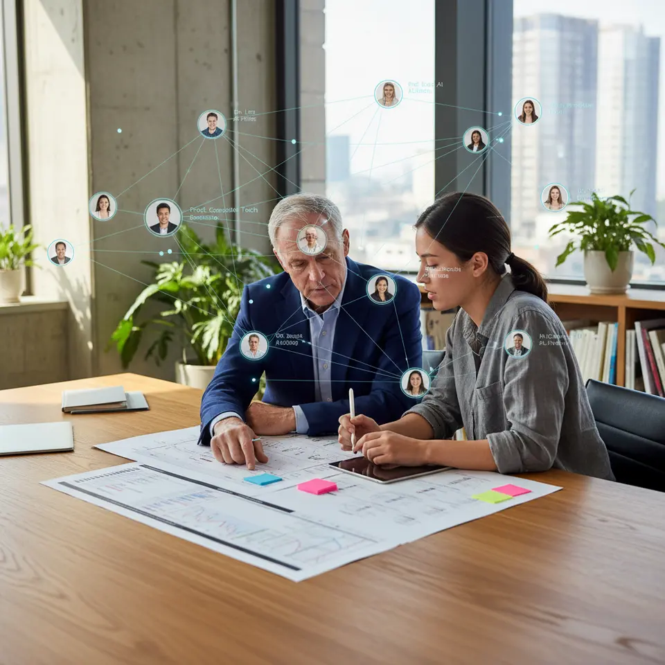 Mentorship and Networking: A senior professional sitting beside a junior researcher, pointing at a project plan on a desk, surrounded by floating network nodes linking to other experts—visualizing personalized guidance and expanding collaborative connections.