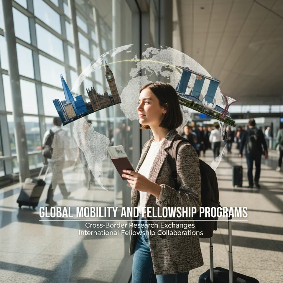 Global Mobility and Fellowship Programs: An early‐stage scientist with a passport and luggage standing between two landmark skylines, overlaid on a semi-transparent globe, symbolizing cross-border research exchanges and international fellowship collaborations.